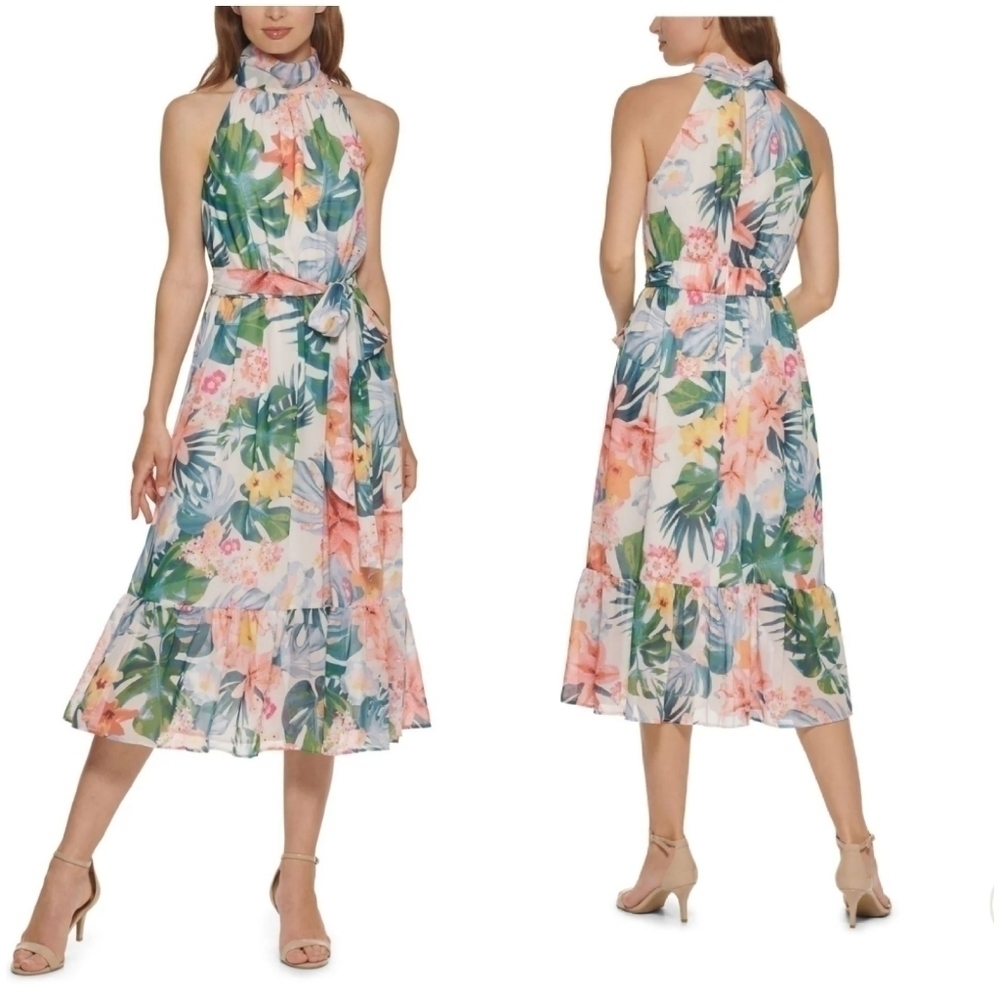 NWT ElizaJ Women's Pleated Floral Sleeveless Halter Formal Fit Flare Dress, Sz 6